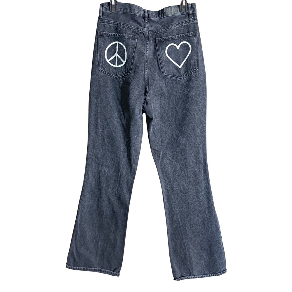 PacSun High Waisted Black Flare Jeans Peace Heart Graphic Back Pockets‎ Size 30